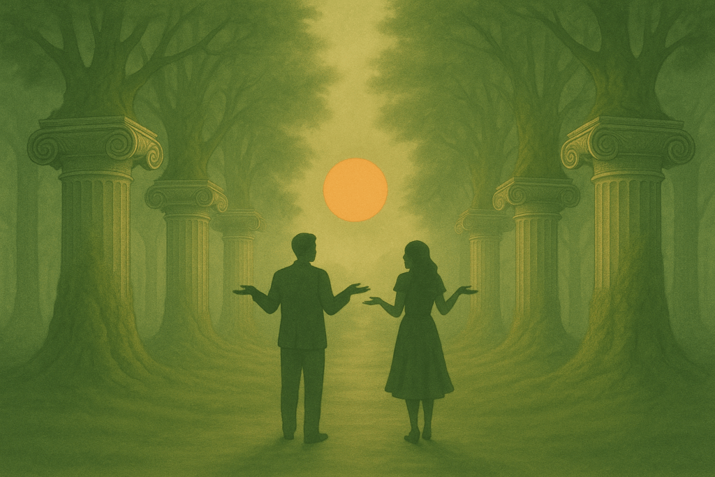 Couple standing on a misty forest path lined with six marble-column trees, shrugging under a glowing sun, symbolizing the question 'What is holistic wellbeing?'