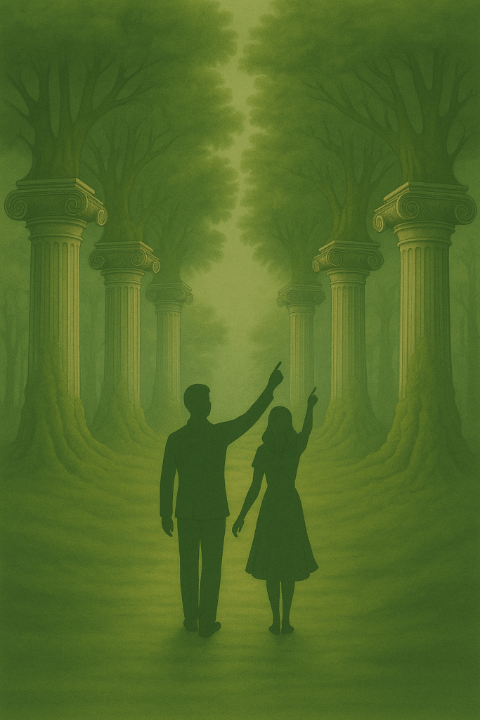Couple on a misty forest path pointing toward one of six towering marble-column trees, glowing sun in the distance, symbolizing the key foundations of holistic wellbeing.