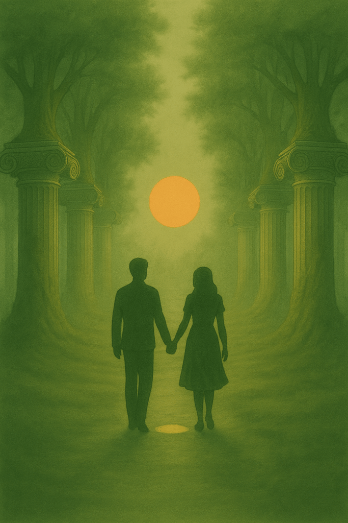 Couple holding hands on a misty forest path lined with six marble-column trees, stepping toward a glowing sun, symbolizing the start of a holistic wellbeing journey.